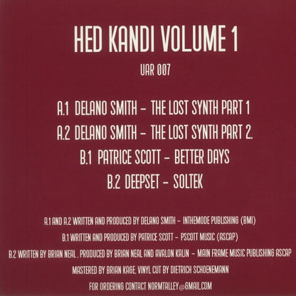 Contraportada del vinilo Varios Artistas – Hed Kandi Volume 1, 12” EP con tracklist completo y créditos del sello Upstairs Asylum Recordings.