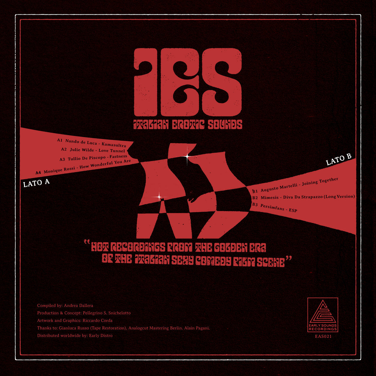 Contraportada del vinilo Varios Artistas – IES: Italian Erotic Sounds (LP, Compilación) de Early Sounds Recordings, con lista de temas, créditos y diseño sensual inspirado en el cine erótico italiano setentero.