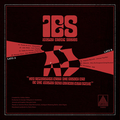 Contraportada del vinilo Varios Artistas – IES: Italian Erotic Sounds (LP, Compilación) de Early Sounds Recordings, con lista de temas, créditos y diseño sensual inspirado en el cine erótico italiano setentero.