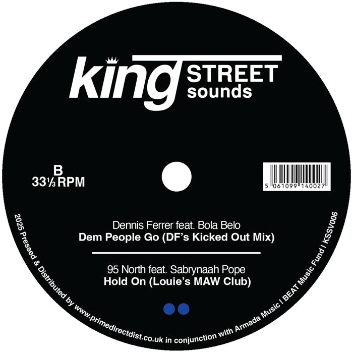 Lado B del vinilo Varios Artistas – King Street Sounds Sampler Vol. 4 de King Street Sounds, con temas de Dennis Ferrer y 95 North, texto blanco sobre fondo negro y código de catálogo visible, estilo club house neoyorquino.