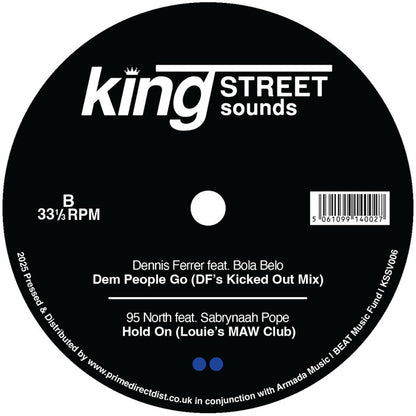 Lado B del vinilo Varios Artistas – King Street Sounds Sampler Vol. 4 de King Street Sounds, con temas de Dennis Ferrer y 95 North, texto blanco sobre fondo negro y código de catálogo visible, estilo club house neoyorquino.