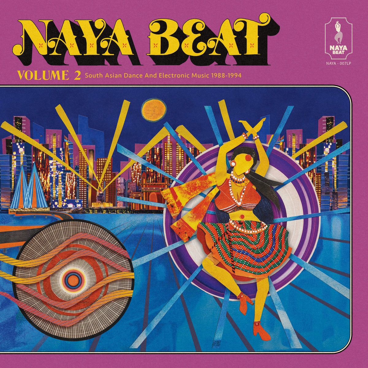 Portada del vinilo Varios Artistas – Naya Beat Volume 2 (South Asian Dance And Electronic Music 1988-1994) con ilustración colorida de bailarina, ciudad nocturna y estética retro electrónica.