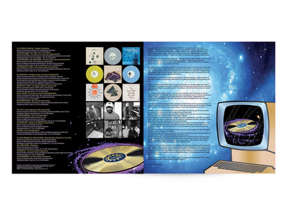 Inserto interior del vinilo Varios Artistas – Rebirth 10 Selected by Larry Heard aka Mr. Fingers, con texto conmemorativo, fotos y arte galáctico celebrando los 10 años del sello Rebirth.