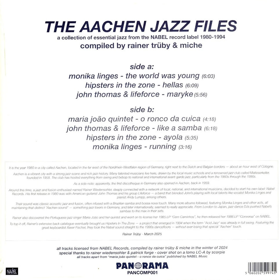 Contraportada del vinilo Varios Artistas – The Aachen Jazz Files con lista de pistas, créditos y texto histórico.