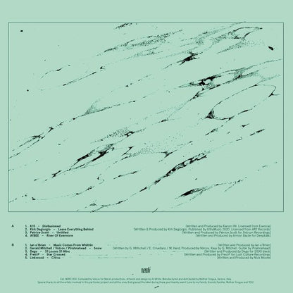 Contraportada del vinilo Varios Artistas – The First Circle en Neroli, listado completo de pistas y créditos impresos sobre diseño abstracto verde agua, formato 12" compilación reimpresión.