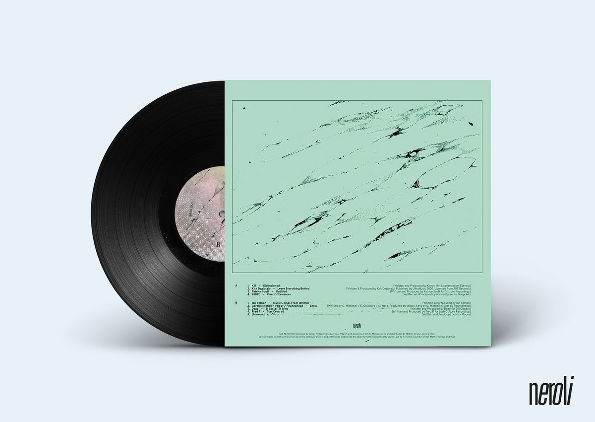 Lado B del vinilo Varios Artistas – The First Circle, etiqueta central clara con marca B y arte minimalista, 12" compilación reimpresión de Neroli junto a la contraportada.