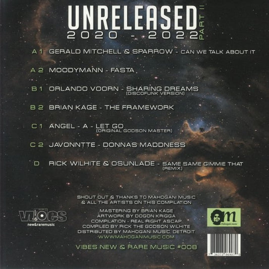 Contraportada del vinilo Varios Artistas – Unreleased 2020-2022 Part 2, tracklist completo, créditos y sello Vibes New & Rare Music, formato 2x12".