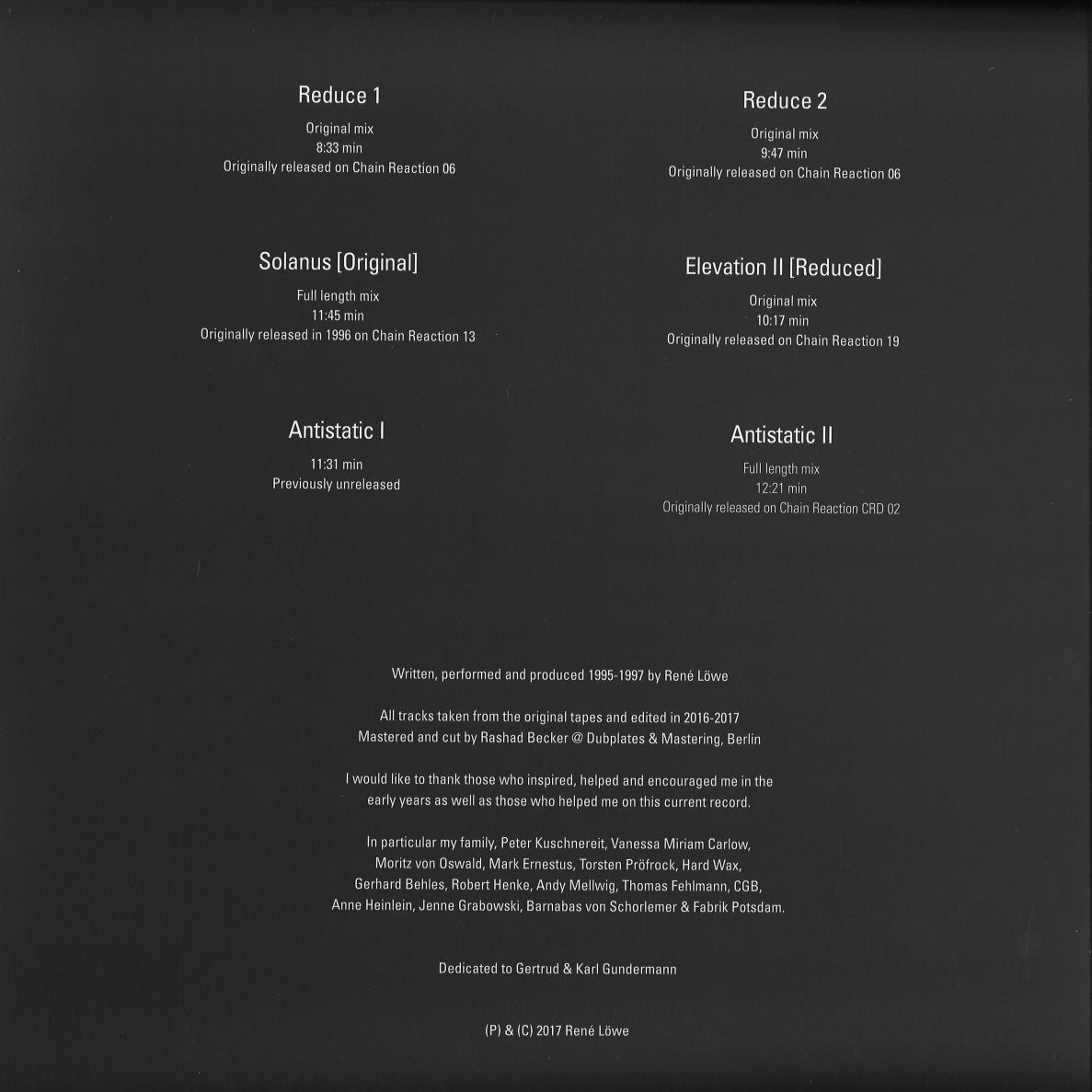 Contraportada del vinilo Vainqueur – Reductions 1995-1997 con tracklist completo, duraciones, créditos y detalles de Scion Versions en formato 3x12".