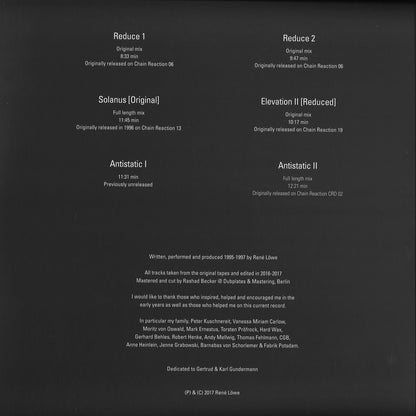 Contraportada del vinilo Vainqueur – Reductions 1995-1997 con tracklist completo, duraciones, créditos y detalles de Scion Versions en formato 3x12".