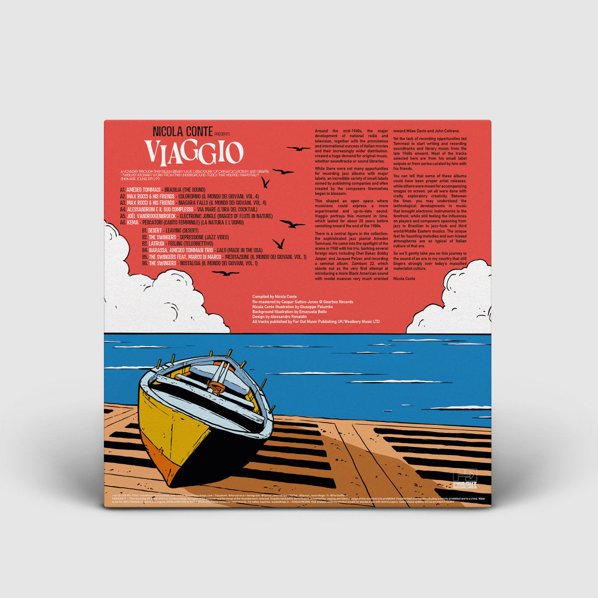 Contraportada del vinilo Varios Artistas – Nicola Conte Presents Viaggio LP compilación Far Out Recordings, tracklist completa y créditos sobre paisaje marítimo ilustrado.