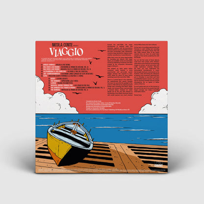 Contraportada del vinilo Varios Artistas – Nicola Conte Presents Viaggio LP compilación Far Out Recordings, tracklist completa y créditos sobre paisaje marítimo ilustrado.