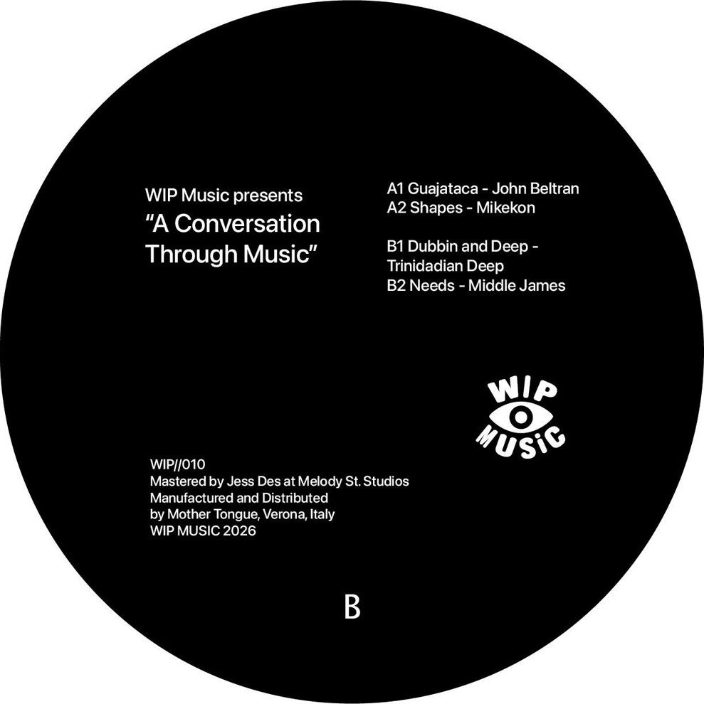 Lado B del vinilo 12" Varios Artistas – A Conversation Through Music con tracklist, créditos y logo WIP Music visible.