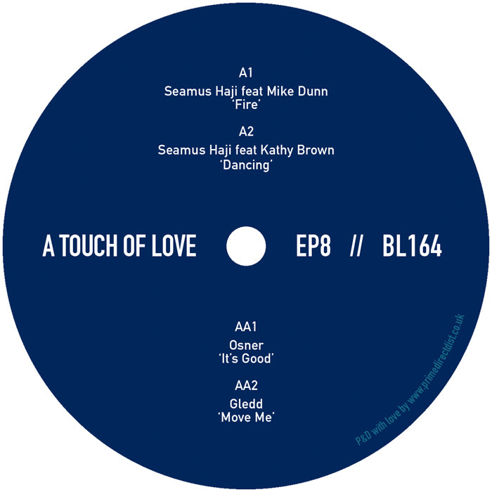Lado A del vinilo Varios Artistas – A Touch Of Love EP8, etiqueta azul Big Love con pistas Fire y Dancing, catálogo BL164.