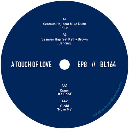 Lado A del vinilo Varios Artistas – A Touch Of Love EP8, etiqueta azul Big Love con pistas Fire y Dancing, catálogo BL164.