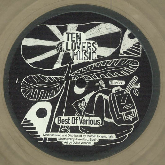 Portada delantera del vinilo de edición limitada [Varios Artistas – Best Of Various, Ten Lovers Music, 12"]. Texto impreso: “Ten Lovers Music”, “Best Of Various”, TLM038, arte por Dylan Woodall, distribuido por Mother Tongue, Italia.