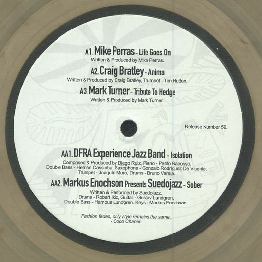 Portada trasera del vinilo [Varios Artistas – Best Of Various, Ten Lovers Music, 12" edición limitada multicolor]. Texto impreso: créditos de seis pistas del lado A y AA, incluyendo artistas como Mike Perras y DFRA Experience Jazz Band.