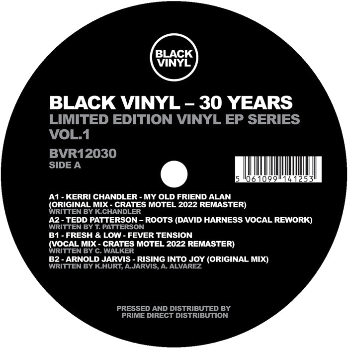Lado A del vinilo Varios Artistas – Black Vinyl 30 Years, etiqueta central con catálogo BVR12030, listado de temas y créditos visibles.