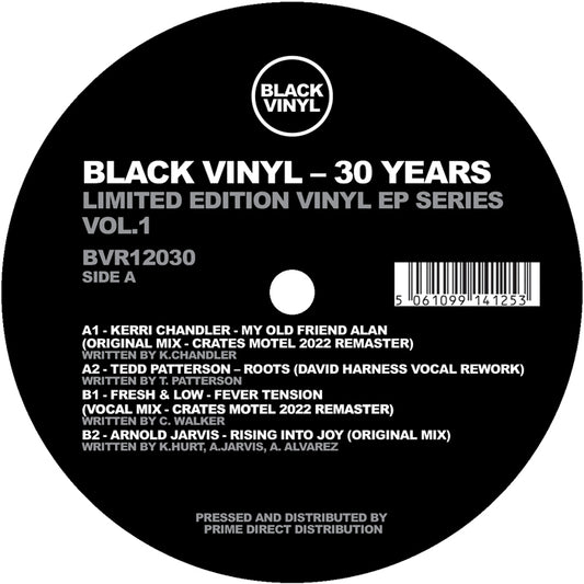 Lado A del vinilo Varios Artistas – Black Vinyl 30 Years, etiqueta central con catálogo BVR12030, listado de temas y créditos visibles.