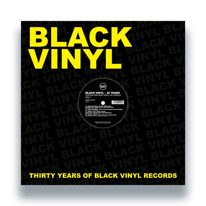Portada del vinilo Varios Artistas – Black Vinyl 30 Years, diseño negro con tipografía amarilla gigante y sello Black Vinyl Records.