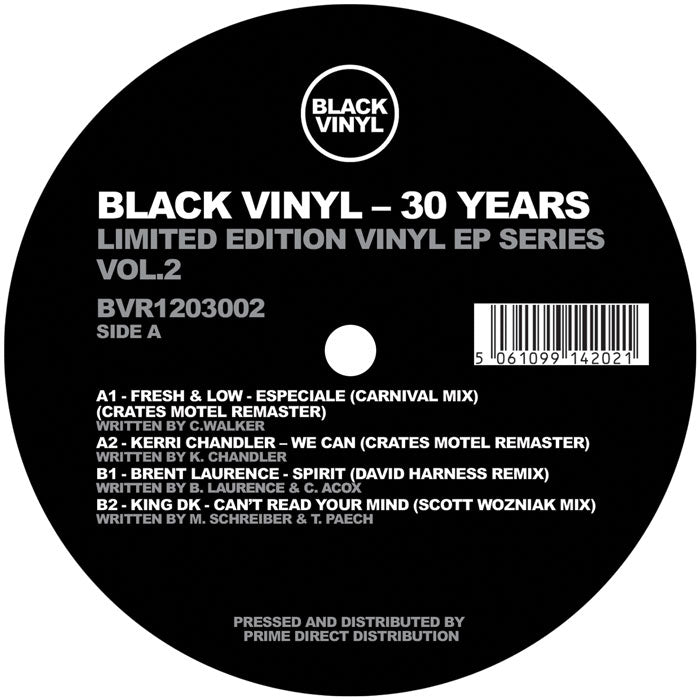 Lado A del vinilo Varios Artistas – Black Vinyl - 30 Years Vol.2, con sello negro, catálogo BVR1203002 y pistas impresas.