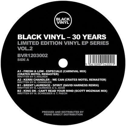Lado A del vinilo Varios Artistas – Black Vinyl - 30 Years Vol.2, con sello negro, catálogo BVR1203002 y pistas impresas.