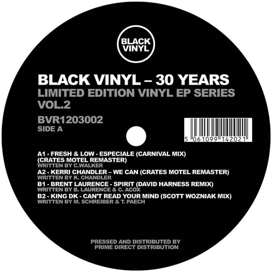 Lado A del vinilo Varios Artistas – Black Vinyl - 30 Years Vol.2, con sello negro, catálogo BVR1203002 y pistas impresas.