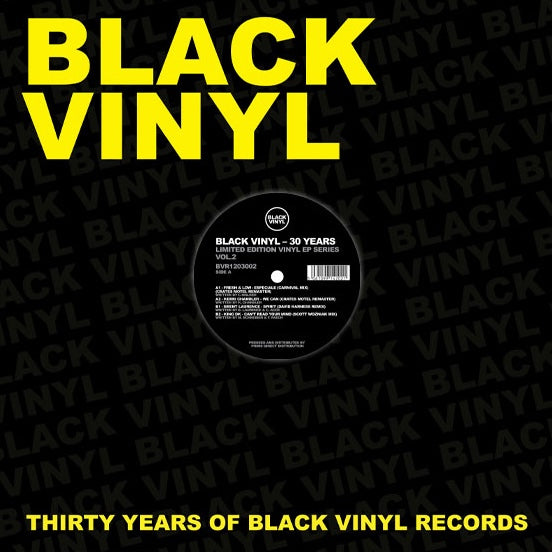 Portada del vinilo Varios Artistas – Black Vinyl - 30 Years Vol.2, con fondo negro, letras amarillas y disco al centro.