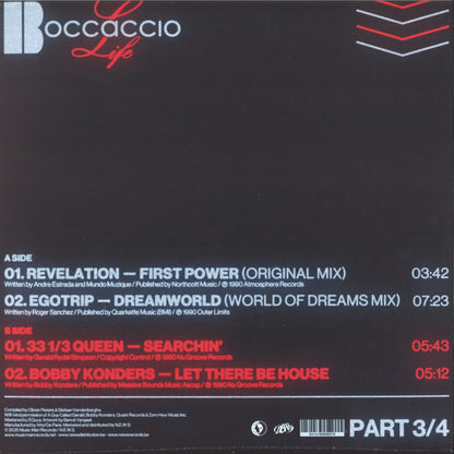 Contraportada del vinilo Varios Artistas – Boccaccio Life 1987-1993 (Part 3/4) con listado de pistas y créditos en tipografía blanca y roja.