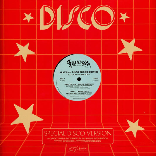 Contraportada de vinilo Varios Artistas – Brazilian Disco Boogie Sounds (Extended 12" Versions), arte rojo geométrico con estrellas, texto Special Disco Version y créditos del sello.