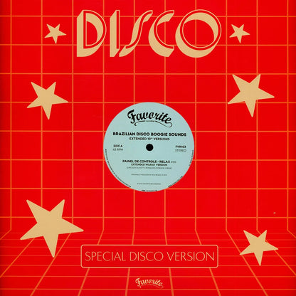 Portada de vinilo Varios Artistas – Brazilian Disco Boogie Sounds (Extended 12" Versions), diseño rojo con rejilla y estrellas, logo Disco y sello Favorite Recordings.