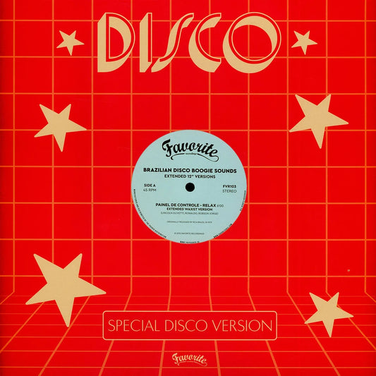 Portada de vinilo Varios Artistas – Brazilian Disco Boogie Sounds (Extended 12" Versions), diseño rojo con rejilla y estrellas, logo Disco y sello Favorite Recordings.