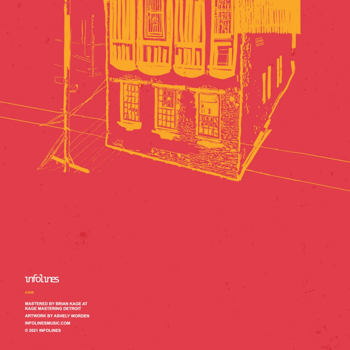 Contraportada del vinilo Varios Artistas – CAID: edificio invertido en amarillo sobre rojo y créditos en la parte inferior.