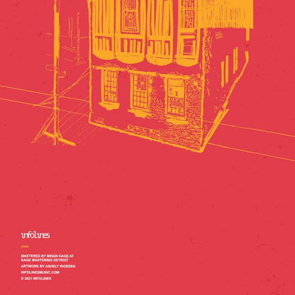 Contraportada del vinilo Varios Artistas – CAID: edificio invertido en amarillo sobre rojo y créditos en la parte inferior.