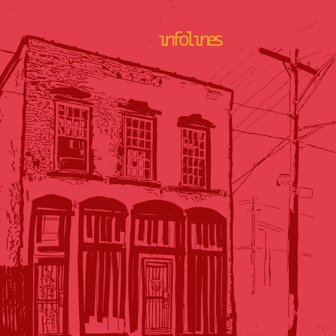 Portada del vinilo Varios Artistas – CAID: fachada de un edificio en rojo y logotipo amarillo de Infolines.