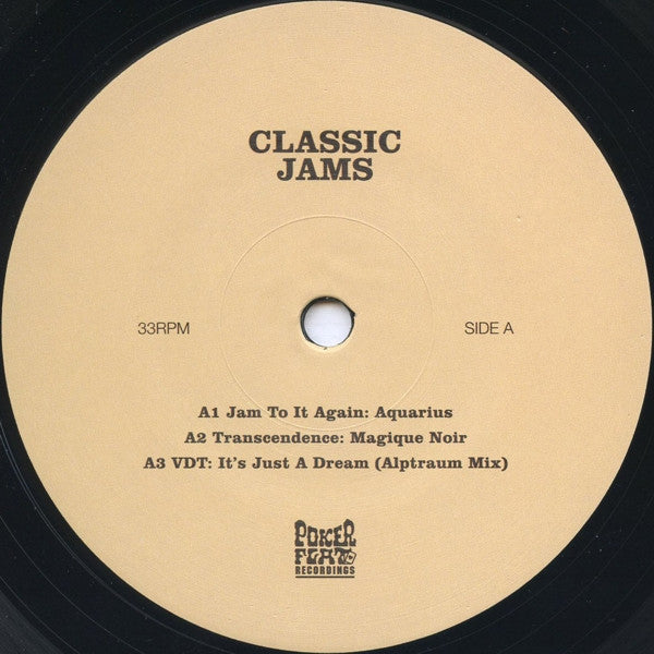Etiqueta central lado A del vinilo Varios Artistas – Classic Jams con tres pistas y créditos visibles bajo Poker Flat Recordings.