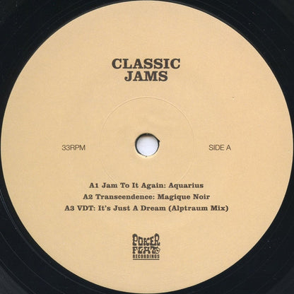 Etiqueta central lado A del vinilo Varios Artistas – Classic Jams con tres pistas y créditos visibles bajo Poker Flat Recordings.