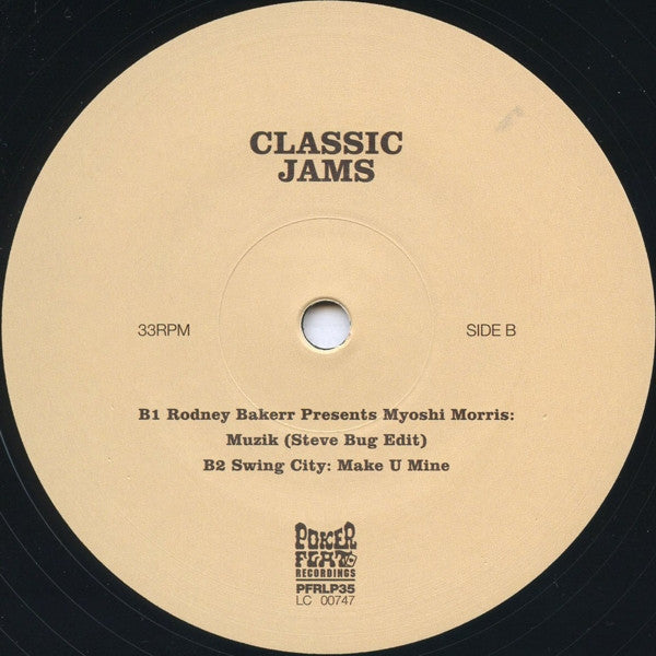 Etiqueta central lado B del vinilo Varios Artistas – Classic Jams mostrando dos temas destacados y sello Poker Flat Recordings.