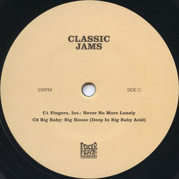 Etiqueta central lado C del vinilo Varios Artistas – Classic Jams con nombres de artistas y catálogo oficial de Poker Flat Recordings.
