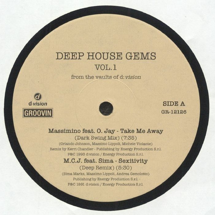 Etiqueta central lado A del vinilo Varios Artistas – Deep House Gems Vol.1 (From The Vaults Of D:Vision), con pistas de Massimino feat. O. Jay y M.C.J. feat. Sima, duración y créditos visibles, catálogo GR-12126.