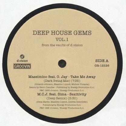 Etiqueta central lado A del vinilo Varios Artistas – Deep House Gems Vol.1 (From The Vaults Of D:Vision), con pistas de Massimino feat. O. Jay y M.C.J. feat. Sima, duración y créditos visibles, catálogo GR-12126.