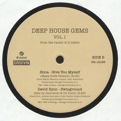 Etiqueta central lado B del vinilo Varios Artistas – Deep House Gems Vol.1 (From The Vaults Of D:Vision), con temas de Sima y David Syon, incluye duración, créditos y número de catálogo GR-12126.