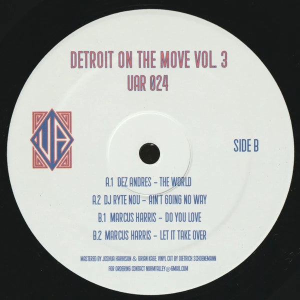 Lado B del vinilo Varios Artistas – Detroit On The Move Vol. 3: etiqueta con títulos de las cuatro pistas y catálogo UAR 024.