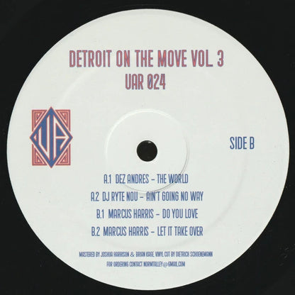 Lado B del vinilo Varios Artistas – Detroit On The Move Vol. 3: etiqueta con títulos de las cuatro pistas y catálogo UAR 024.