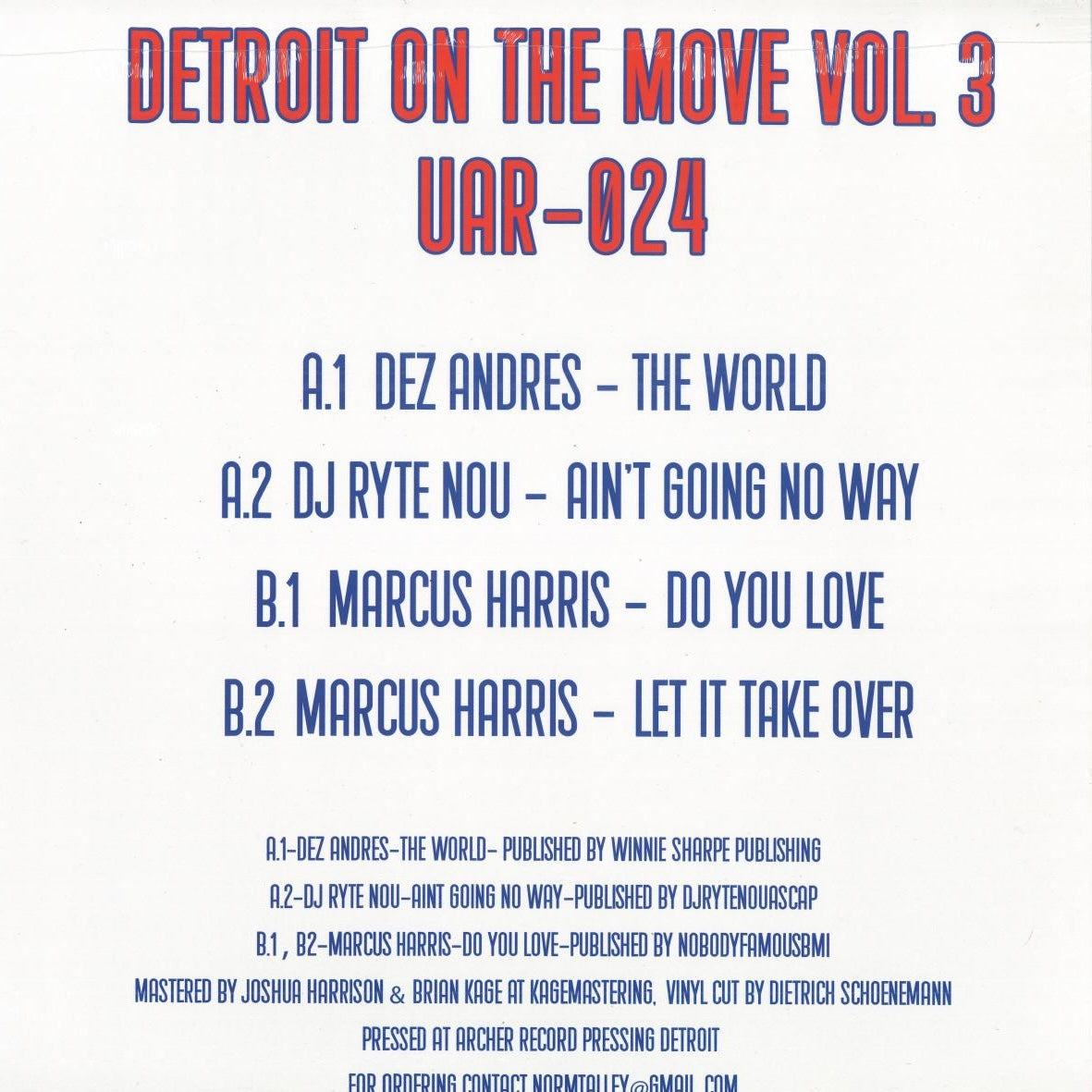 Contraportada del vinilo Varios Artistas – Detroit On The Move Vol. 3, con tracklist, créditos y catálogo UAR-024.