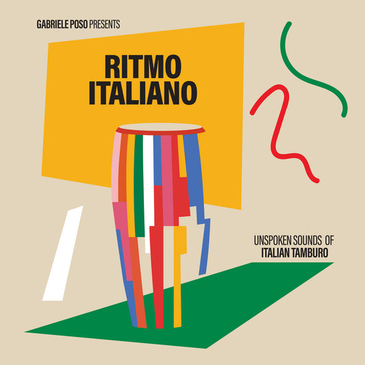 Portada del vinilo Gabriele Poso – Ritmo Italiano (Unspoken Sounds Of Italian Tamburo), diseño abstracto con tambor multicolor sobre fondo beige.