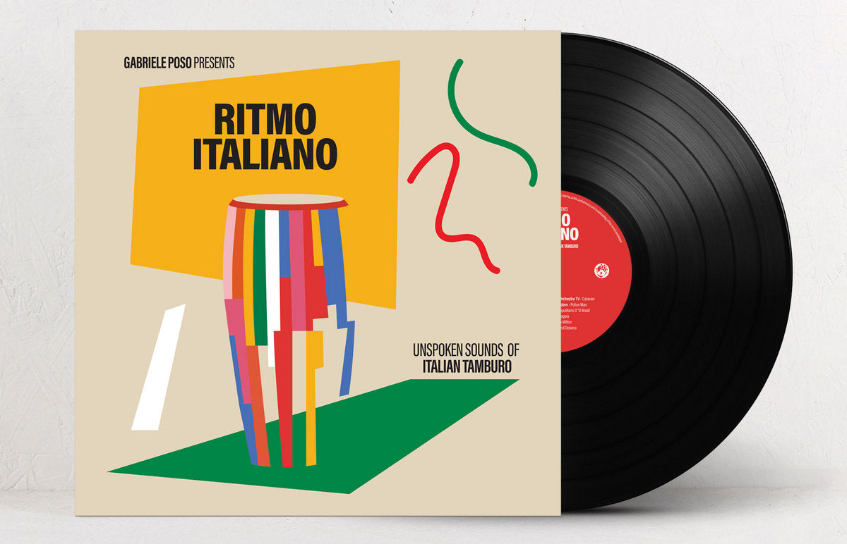Vista del vinilo Gabriele Poso – Ritmo Italiano (Unspoken Sounds Of Italian Tamburo) parcialmente fuera de su funda, edición LP de Mr Bongo.