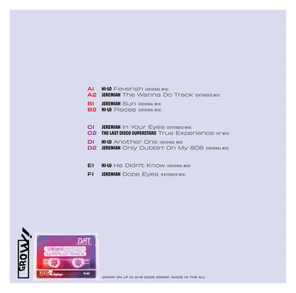 Contraportada de vinilo Varios Artistas – Grow! For It con tracklist completo por caras y arte minimalista en fondo gris.