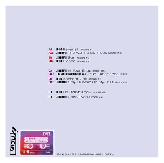 Contraportada de vinilo Varios Artistas – Grow! For It con tracklist completo por caras y arte minimalista en fondo gris.