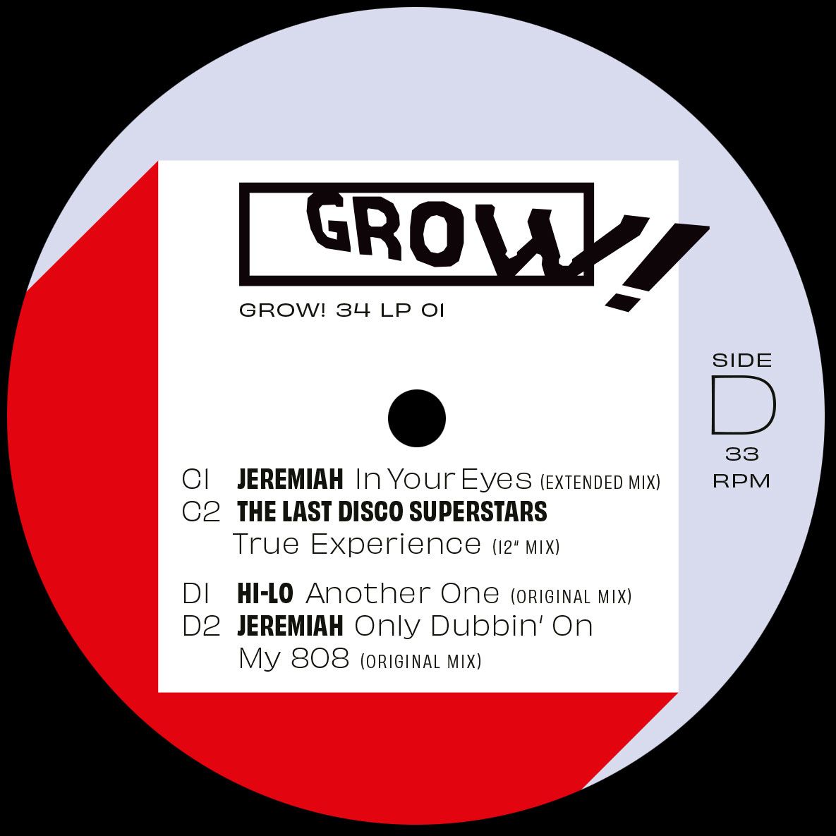 Lado D de vinilo Varios Artistas – Grow! For It con listado de pistas C1 a D2 en etiqueta blanca sobre fondo rojo.
