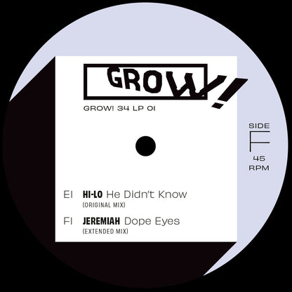 Lado F de vinilo Varios Artistas – Grow! For It con tracks E1 y F1 en etiqueta blanca y logo Grow! destacado.